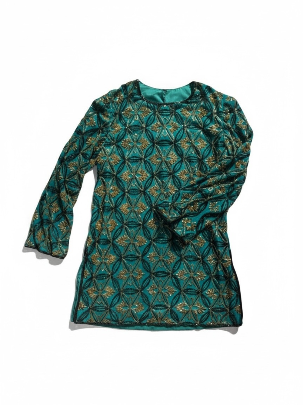 Vintage Emerald Metallic Beaded Long Sleeve Women's Top